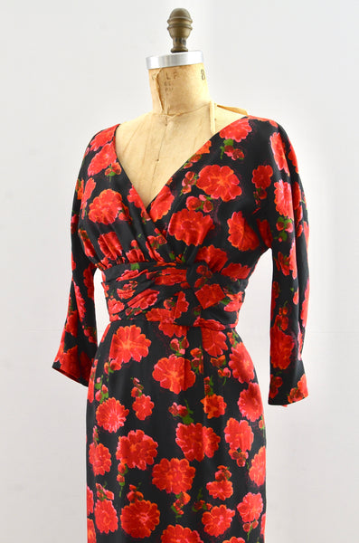 Vinage 1950's Red Floral Silk Dress