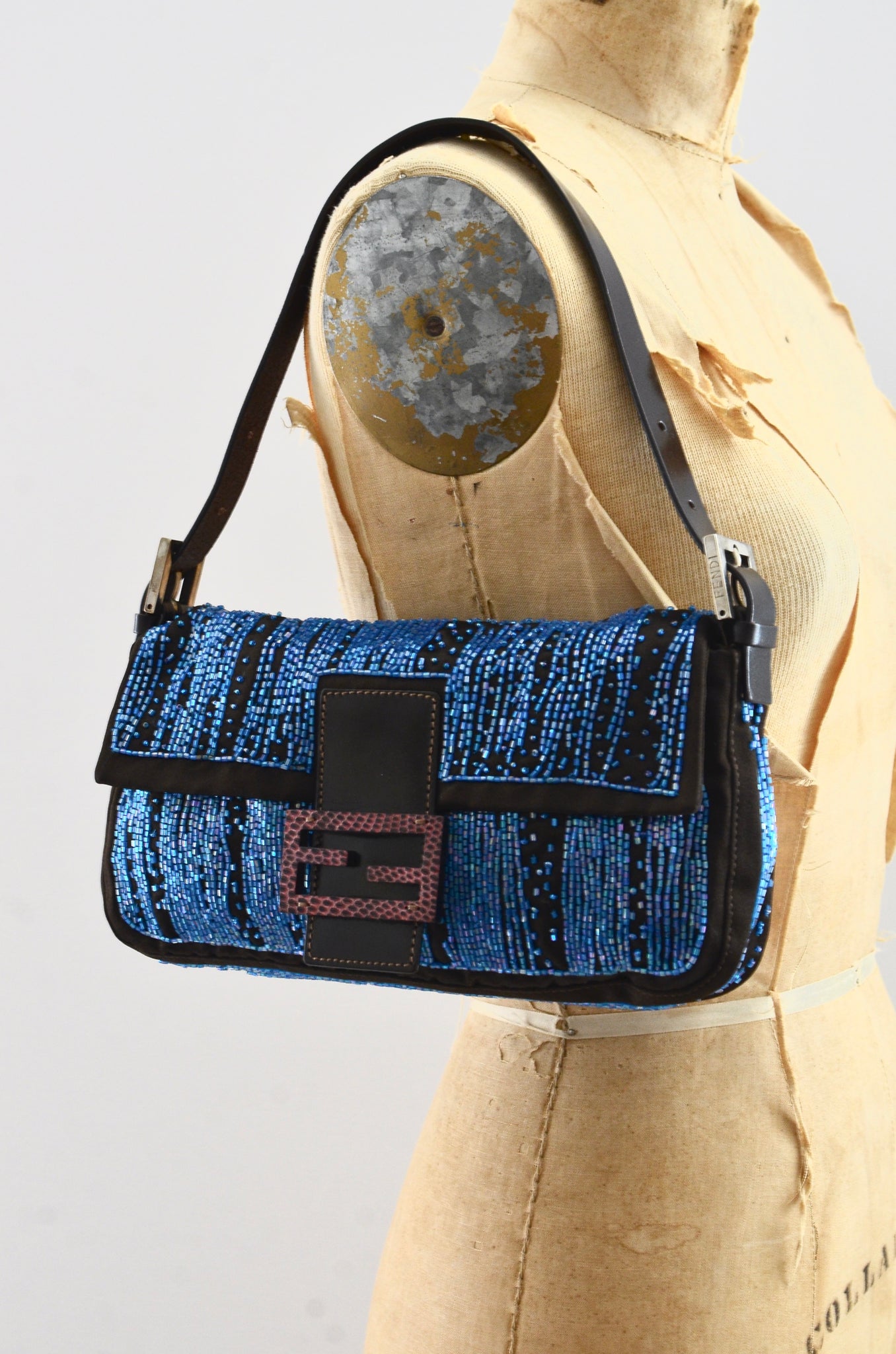 RARE Vintage Fendi Beaded Beaded Baguette Bag With Leather Strap