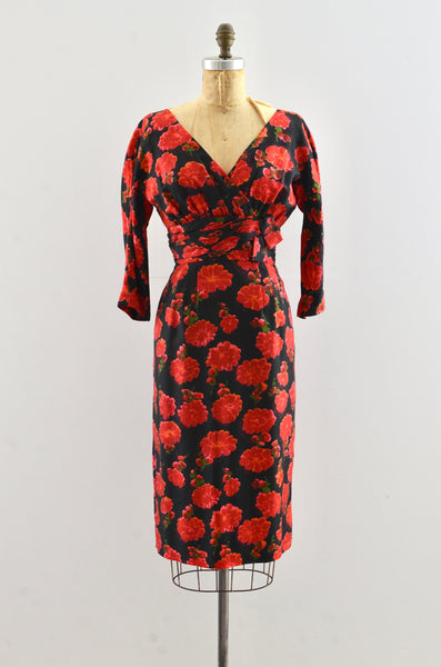 Vinage 1950's Red Floral Silk Dress