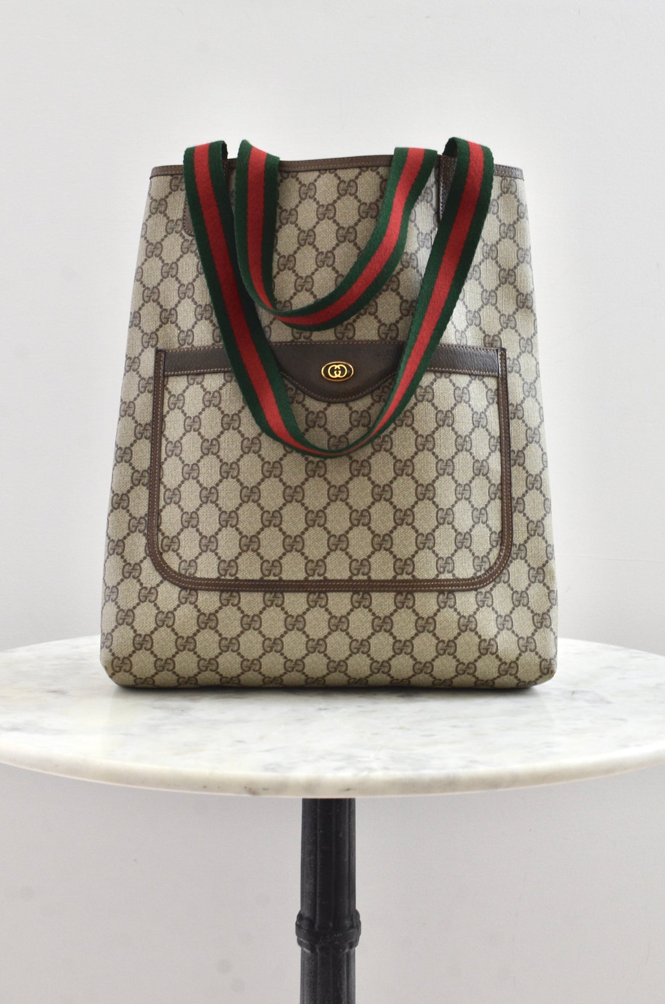 Gucci Italy. Sherry Line Brown Leather/Canvas Handbag / Shoulderbag