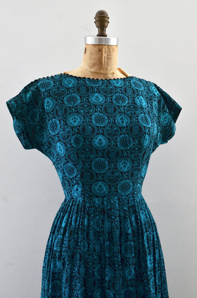 Vintage 1950s Mode O' Day Medallion Print Dress