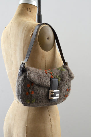 FENDI Embroidered Wool Baguette