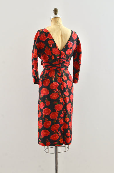 Vinage 1950's Red Floral Silk Dress