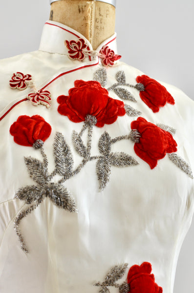 Vintage 1950's Red Velvet Floral Beaded Cheongsam