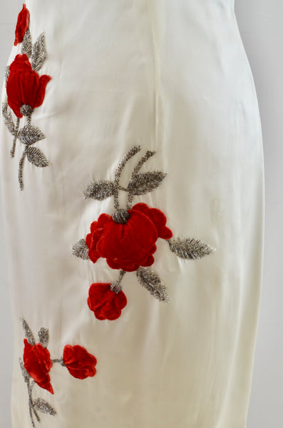 Vintage 1950's Red Velvet Floral Beaded Cheongsam