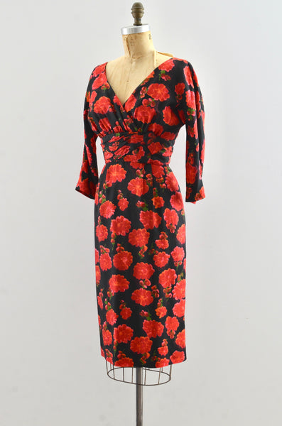Vinage 1950's Red Floral Silk Dress