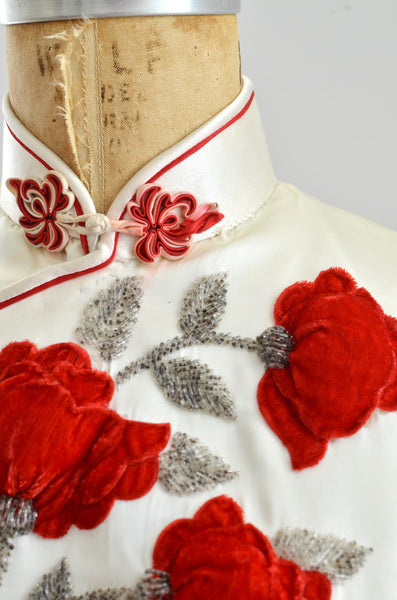 Vintage 1950's Red Velvet Floral Beaded Cheongsam