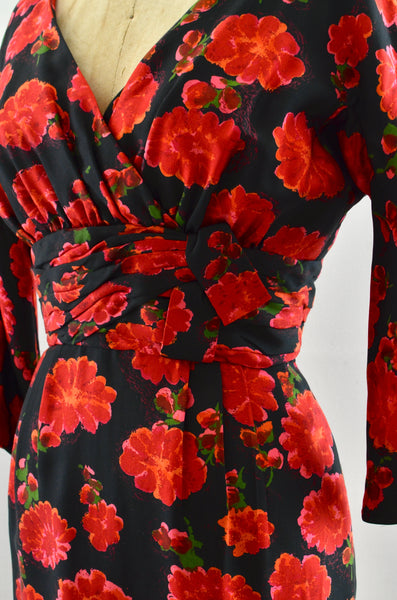 Vinage 1950's Red Floral Silk Dress