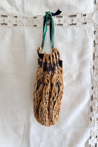 Antique 1900s Drawstring Straw Purse Bag