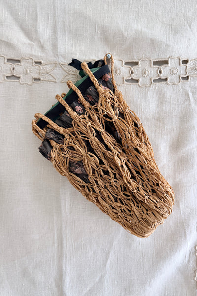 Antique 1900s Drawstring Straw Purse Bag