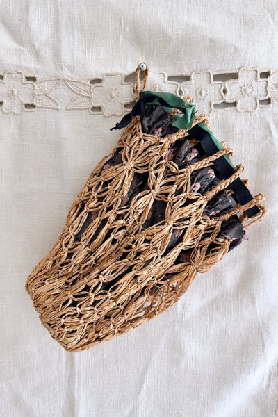 Antique 1900s Drawstring Straw Purse Bag