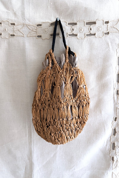 Antique 1900s Drawstring Raffia Bag