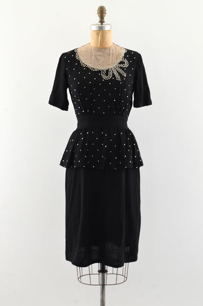 Vintage 1940's Studded Peplum Dress / S