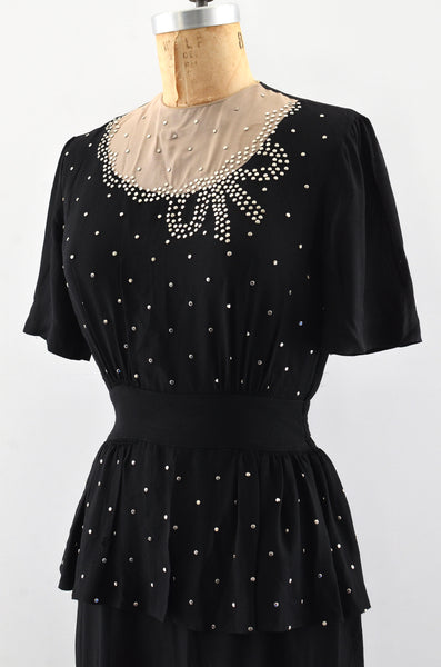 Vintage 1940's Studded Peplum Dress / S