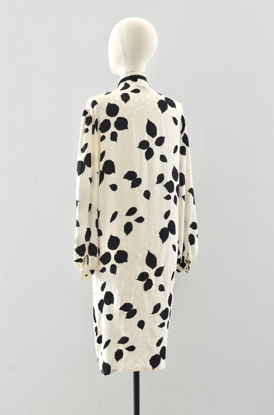 Black Leaf Print Silk Dress / M