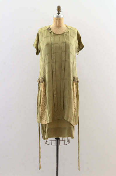 1920's Loden Green Silk Dress