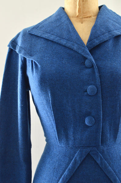 50's Blue Wool Wiggle Dress / S M