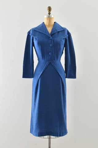 50's Blue Wool Wiggle Dress / S M