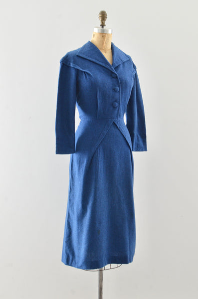 50's Blue Wool Wiggle Dress / S M