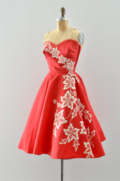 50's Red Strapless Dress / XS S