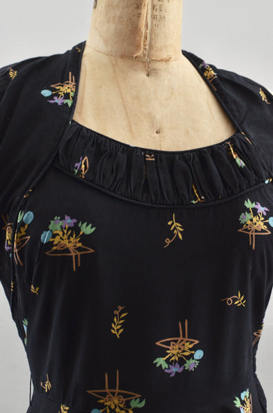 50's Floral Ruffled Dress / S