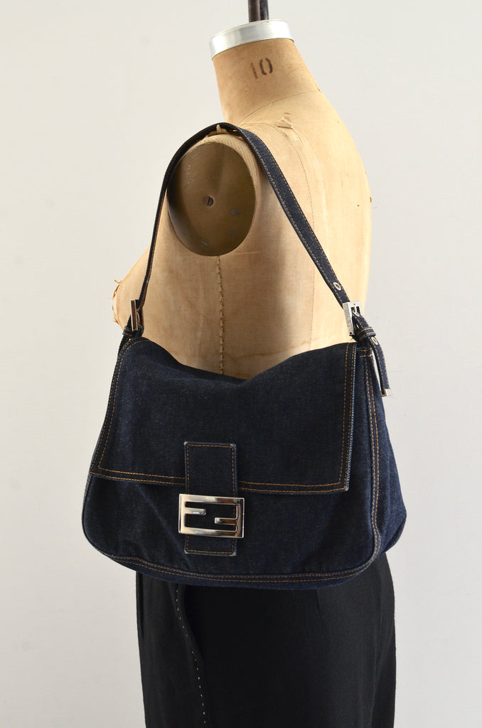 Fendi Denim Mamma Baguette Shoulder Bag Pickled Vintage