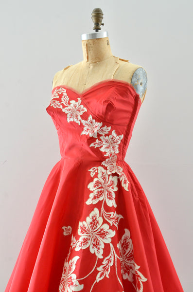 50's Red Strapless Dress / XS S