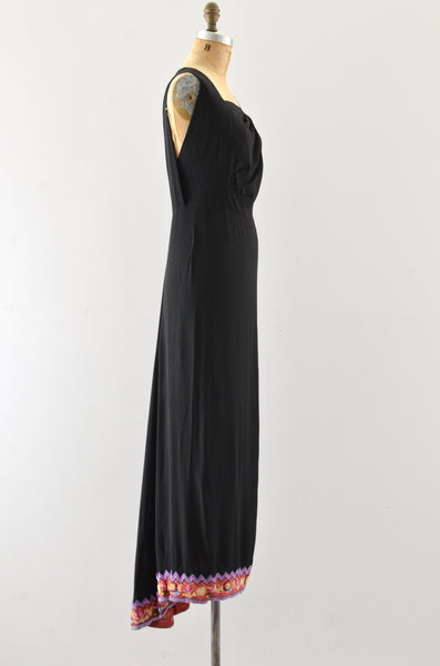 1930's Beaded Hem Rayon Party Dress / S