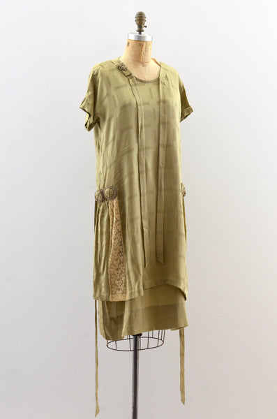 1920's Loden Green Silk Dress