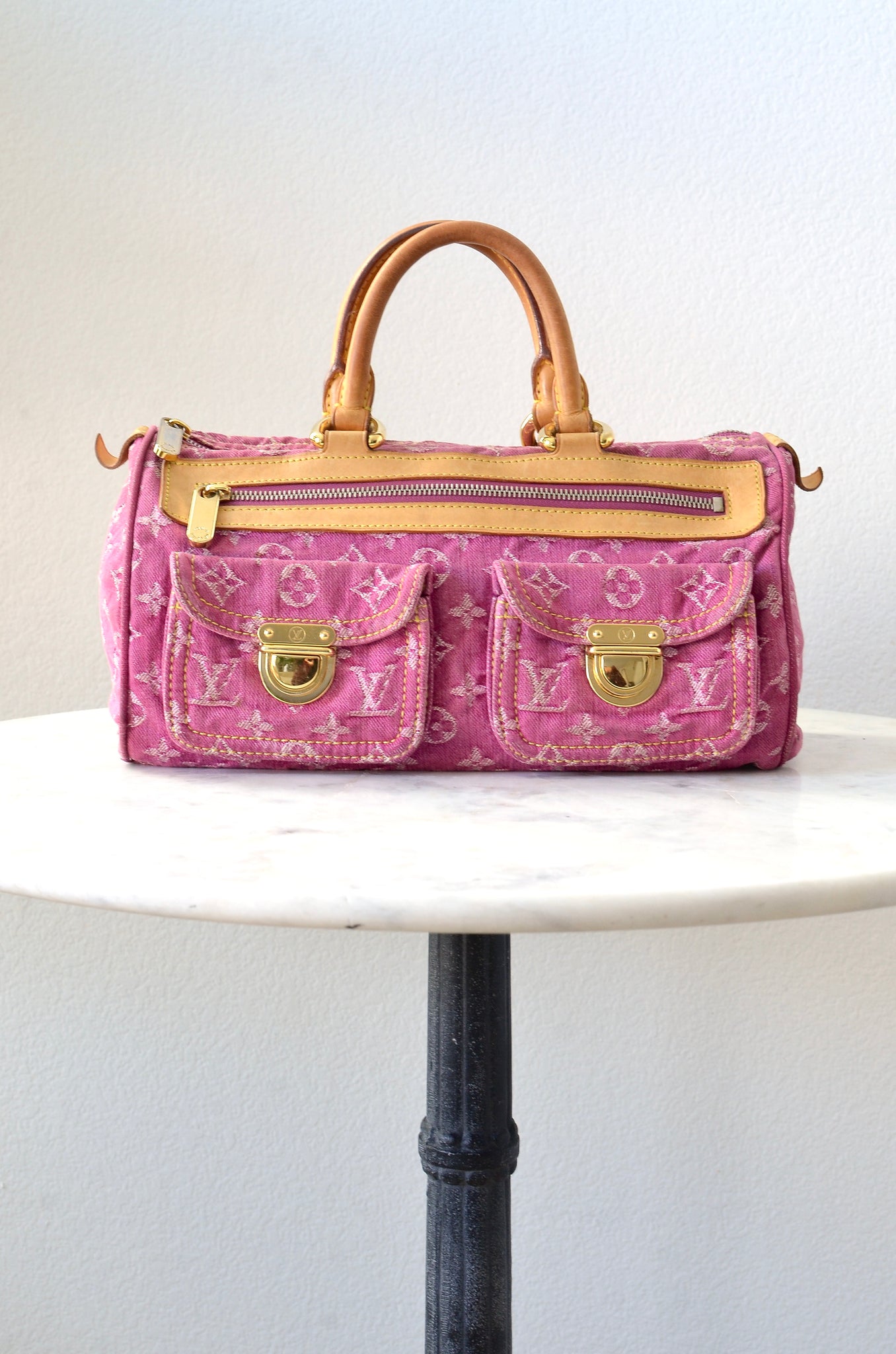 LOUIS VUITTON Neo Speedy Denim Monogram Satchel Bag Pink