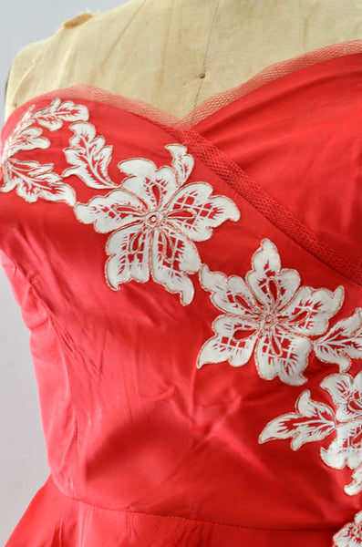 50's Red Strapless Dress / XS S