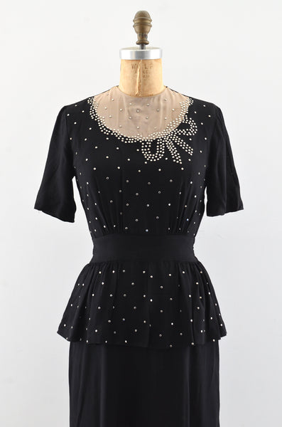 Vintage 1940's Studded Peplum Dress / S