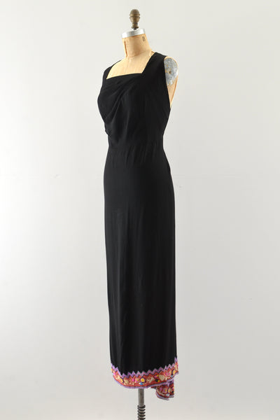 1930's Beaded Hem Rayon Party Dress / S