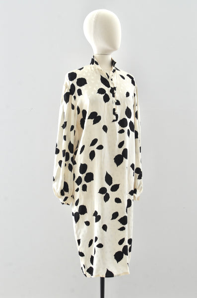 Black Leaf Print Silk Dress / M