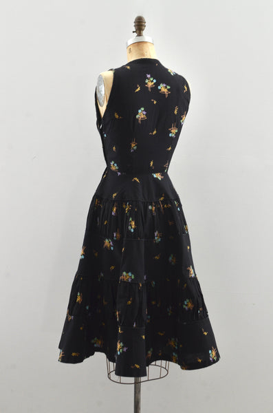 50's Floral Ruffled Dress / S