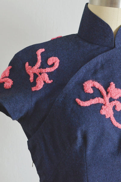 50s Embroidered Wool Cheongsam - Pickled Vintage
