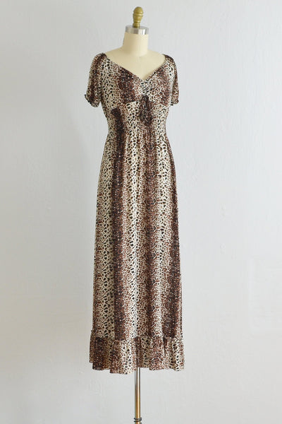 70s Leopard Print Smocked Dress - Pickled Vintage
