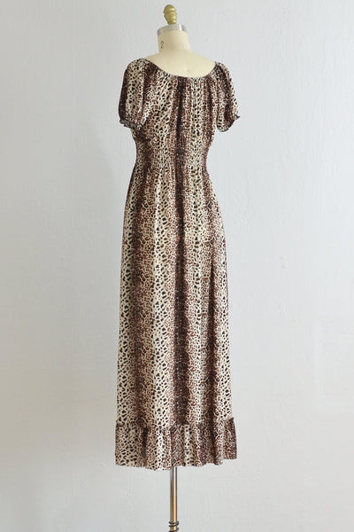 70s Leopard Print Smocked Dress - Pickled Vintage
