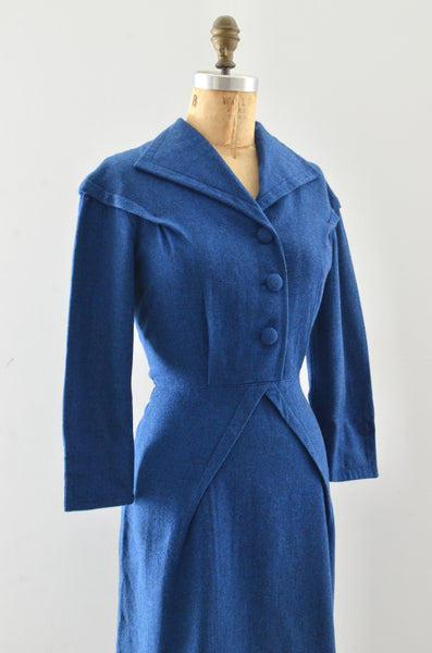 50's Blue Wool Wiggle Dress / S M