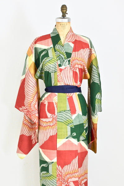 Swan Print Silk Kimono - Pickled Vintage
