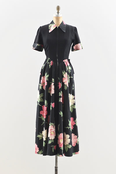 1940s Cabbage Rose Print Dress - Pickled Vintage