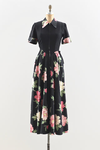 1940s Cabbage Rose Print Dress - Pickled Vintage