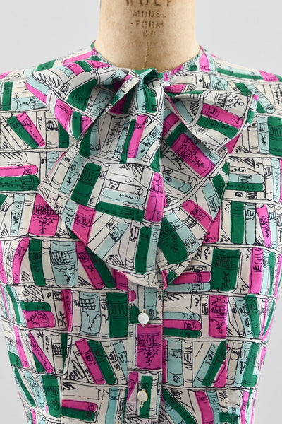 1940s Book Print Silk Top - Pickled Vintage
