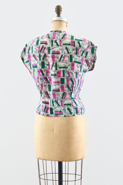1940s Book Print Silk Top - Pickled Vintage