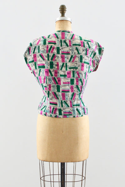 1940s Book Print Silk Top - Pickled Vintage