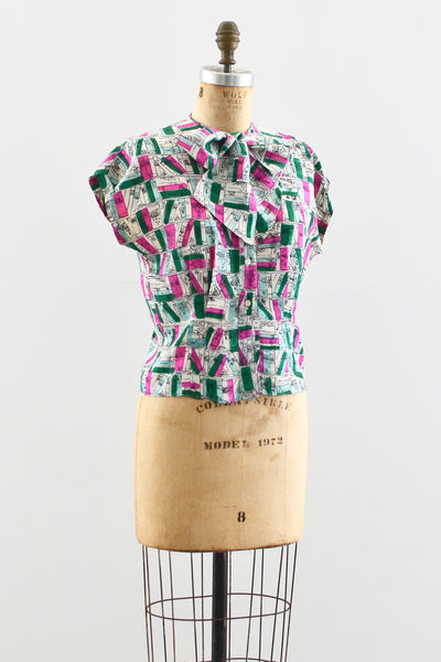 1940s Book Print Silk Top - Pickled Vintage