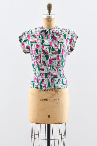 1940s Book Print Silk Top - Pickled Vintage