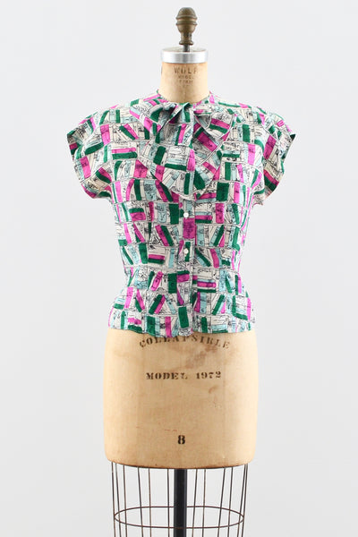 1940s Book Print Silk Top - Pickled Vintage