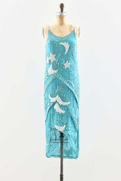 Turquoise Beaded Silk Dress