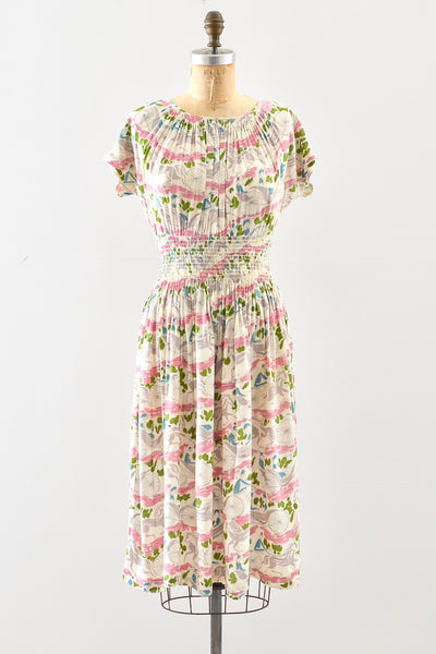 1940s Novelty Print Smocked Dress